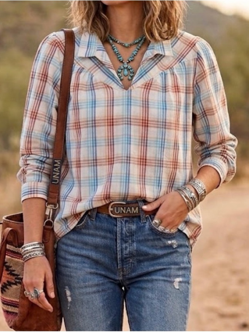 Vintage Wrangler Plaid V-Neck Long Sleeve Top - Blue & Brown M retro rodeo